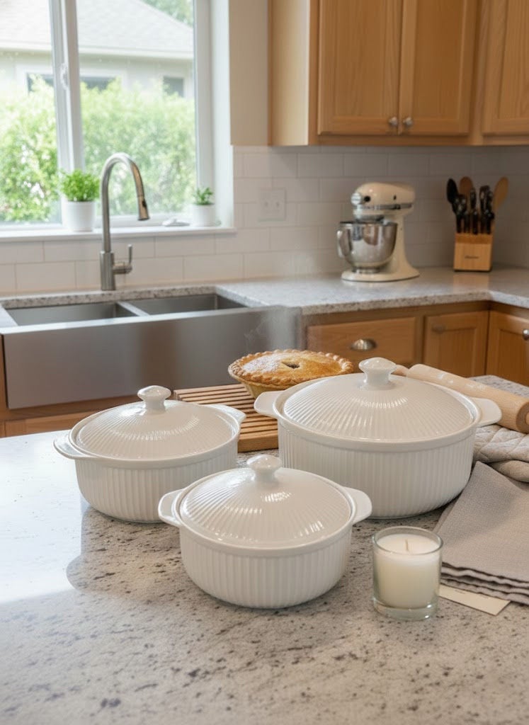 3-Piece Ceramic Soup Bowl Set With Lid White; Small Bowl 8.5 Inch, Medium Bowl 10 Inch, Large Bowl 12 Inch